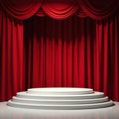 Crimson velvet curtains frame empty stage, white pedestals await , elegant, fabric