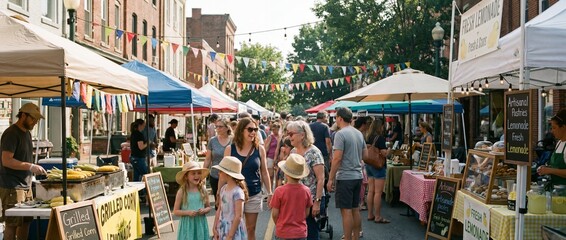 Obraz premium Captured at eye-level, a lively street market bustles with activity, where vendors display their goods. The vibrant atmosphere of this local event.