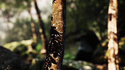 A close view of a tall tree trunk in a vibrant forest. Sunlight filters through the leaves, highlighting the detailed textures of the bark. The surrounding greenery adds depth to the natural beauty.