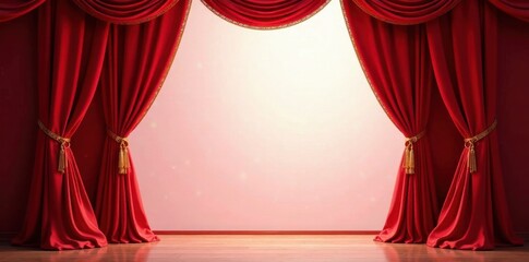 Crimson velvet curtains, gold detailing, reveal bright backdrop, art deco, dramatic, majestic