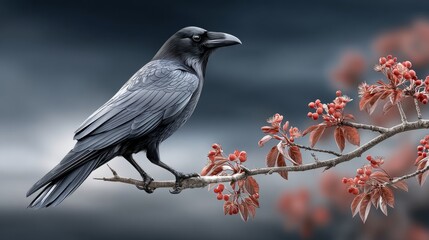 Obraz premium A striking raven stands proudly on a branch, surrounded by bright red leaves, set against a dramatic cloudy backdrop