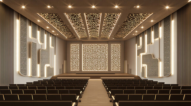 A modern auditorium with tiered seating and a luminous stage. Geometric light panels line the walls, while intricate ceiling patterns cast ambient glow over the symmetrical, minimalist space - Powered by Adobe
