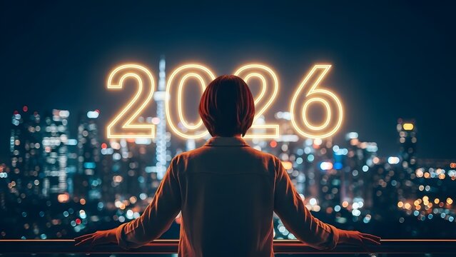 Woman looking at glowing 2026 sign over night city from balcony future concept