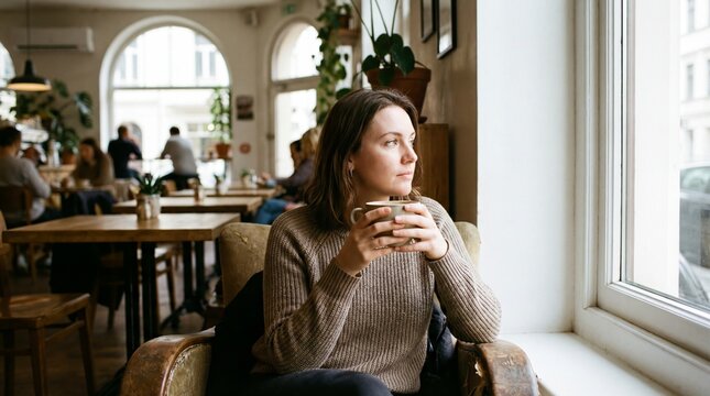 A woman gazes out a window in a cafe, taking a moment of calm. With coffee in hand, she pauses to reflect on her thoughts.