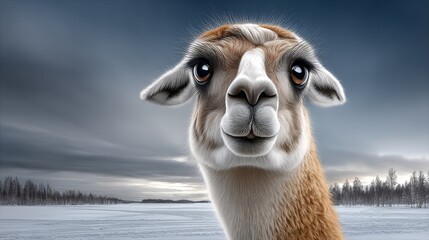 Obraz premium A friendly animal gazes curiously at the viewer, surrounded by a serene winter landscape