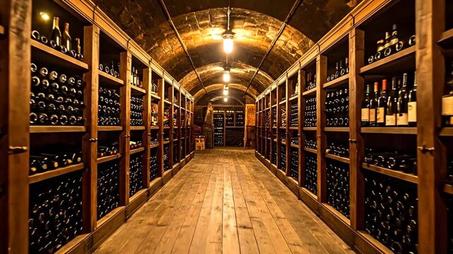Long cellar with wooden shelves, full of bottles, dimly lit with ceiling lights