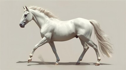 A white horse standing sideways, clear muscle definition, soft morning light, realistic textures.