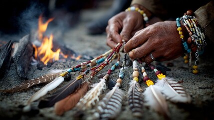 Around the fire, nimble hands weave beads and feathers into sacred patterns, each thread telling a story, each color echoing the memory of the land and its people.