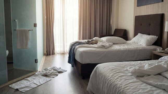 The disarray of a hotel room with two unmade beds, offering a candid glimpse into the aftermath of use, with morning sunlight gently illuminating the scene.