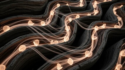 abstract composition of glowing heart-shaped lights intertwined with dark textured strands