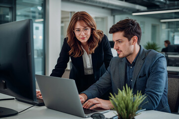 Two coworkers collaborating on a laptop in modern office
