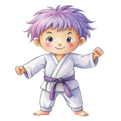 A messy toddler crayon drawing of a boy with blonde hair wearing a white karate gi and black belt vector
