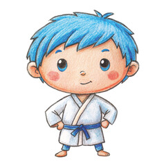 A messy toddler crayon drawing of a boy with blonde hair wearing a white karate gi and black belt vector
