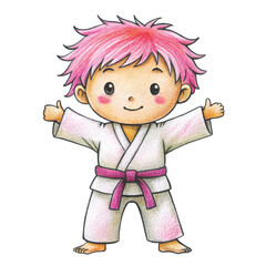 A messy toddler crayon drawing of a boy with blonde hair wearing a white karate gi and black belt vector
