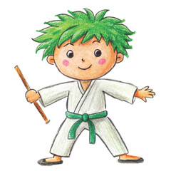 A messy toddler crayon drawing of a boy with blonde hair wearing a white karate gi and black belt vector
