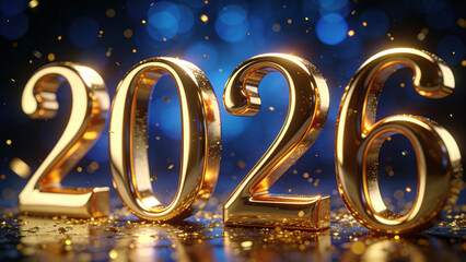 Golden 3D numbers '2026' with sparkling glitter on a reflective surface against a blue bokeh background