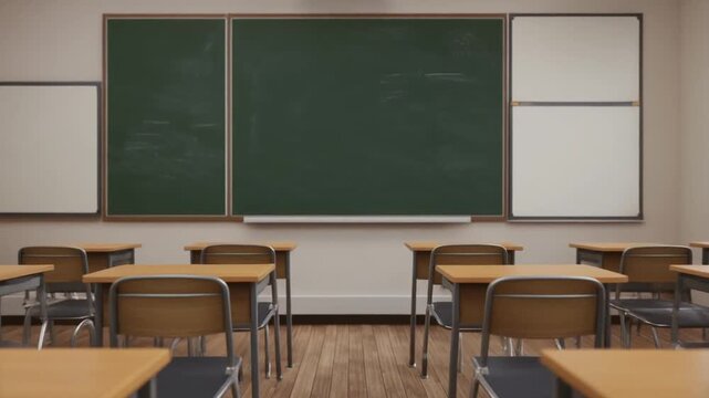 Seamless 4K animation of an empty school or university classroom with a large chalkboard as background