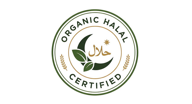 Circular organic halal certified emblem with moon and star symbol
