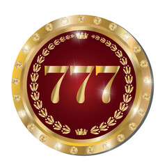 A chip for casinos and card games. The numbers 777 are on a round token in gold and decorated with diamonds with highlights and volume effect. There is a red chip on a transparent background.