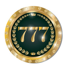 A chip for casinos and card games. The numbers 777 are on a round token in gold with green and decorated with diamonds with highlights and volume effect.