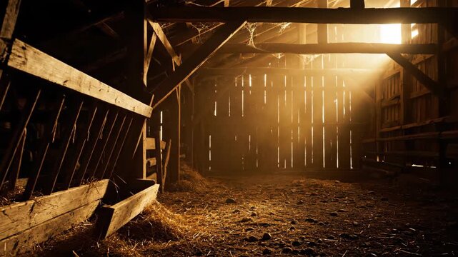 Interior view of an old barn with sunlight shining through cracks