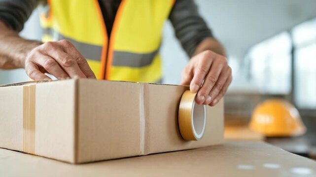 Person in reflective vest carefully tapes cardboard box, preparing it for shipment in modern warehouse environment. Highlights logistics, packaging, e commerce fulfillment operations
