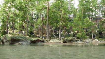 A serene lake is bordered by vibrant green trees under softly lit skies. The gentle water ripples mirror the surrounding nature, creating a soothing and tranquil atmosphere.
