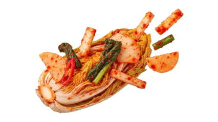 Exquisite close up of traditional kimchi, a fermented Korean staple, showcasing vibrant colors on a white canvas offering a peek into culinary