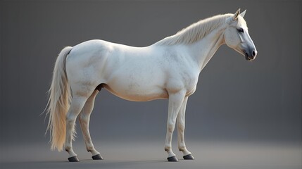 A white horse standing sideways, clear muscle definition, soft morning light, realistic textures.