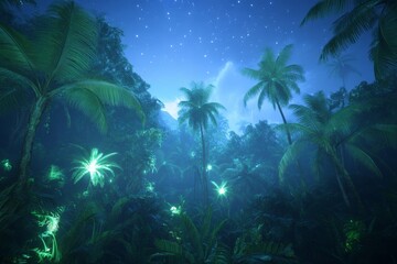 Obraz premium Enchanting nighttime jungle scene with starry sky and glowing foliage for nature art