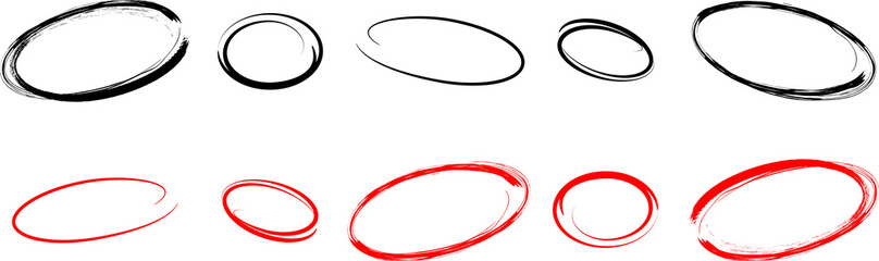 Red and Black Pen Doodle Ovals and Highlight Circles Vector Set