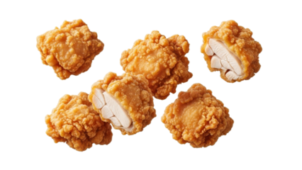 Golden Fried Chicken Pieces Floating Against a Crisp White Backdrop for Culinary Artistry