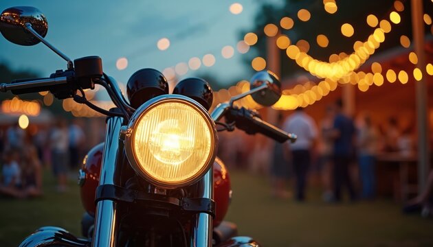 Classic motorcycle headlight gleams at outdoor night event with bokeh lights. People gather enjoying warm festive ambiance. Freedom, travel, community, and leisure vibes.