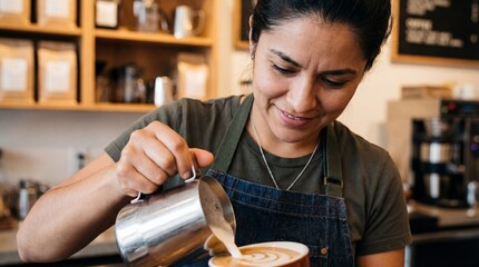 A barista expertly pours steamed milk into a freshly brewed coffee, creating a beautiful and delicious beverage. She takes pride in her work. 