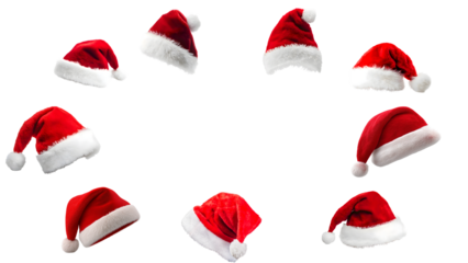 PNG image of Collection of nine festive red and white plush santa claus hats for christmas celebration design elements on transparent background with copy space