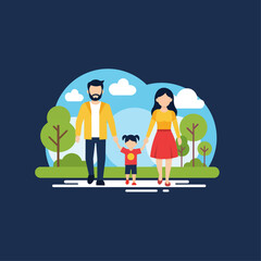 Family Lifestyle Vector Illustration Parents and Child Walking Together in Simple Flat Design