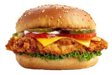 Crispy fried chicken burger with melted cheese pickles and lettuce sandwich