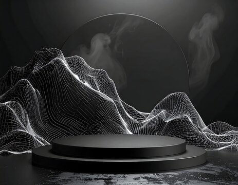 3D render of a product stage with a smoky, abstract mountain backdrop