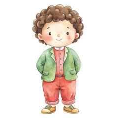 Cute watercolor illustration of a little boy with black curly hair smiling happily vector
