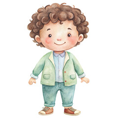 Cute watercolor illustration of a little boy with black curly hair smiling happily vector