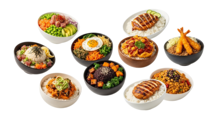 Assortment of Nutritious and Colorful Rice Bowls Showcasing Culinary Diversity, Ready to Eat and Ideal for Balanced Meals