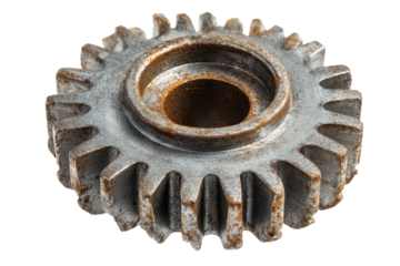 Close up of a rusty metal gear with a black background cogwheel
