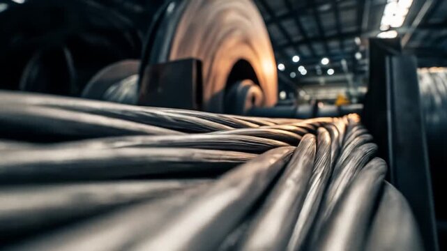 Close-up of tightly wound metal cables on industrial spools in a glowing factory setting
