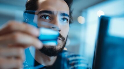A bearded man uses a credit card for an online purchase, interacting with a futuristic digital screen. The image highlights security, innovation, and the convenience of digital payments - Powered by Adobe