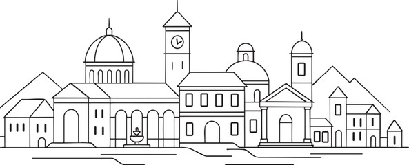 Naklejka premium Black and white line art cityscape with domes clock tower and mountains outline architecture