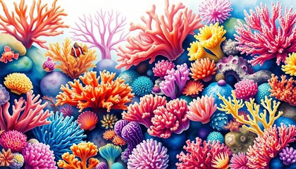 Vibrant coral reef watercolor set, showcasing diverse coral shapes and colors,  stock,  painting