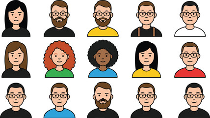Flat avatar people faces outline style set, diverse male and female characters icons for profile user interface design