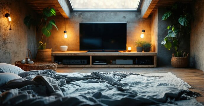 Cozy bedroom interior. Concrete walls, wooden furniture, plants create relaxing atmosphere. Warm lighting enhances inviting space. - Powered by Adobe