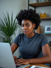 Portrait of a confident African American businesswoman with afro hair working on a laptop at a modern office desk, looking directly at the camera with a serious expression.