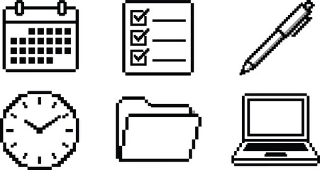 Pixel art office productivity icons set, calendar, checklist, pen, clock, folder, laptop, workspace management, retro monochrome illustration